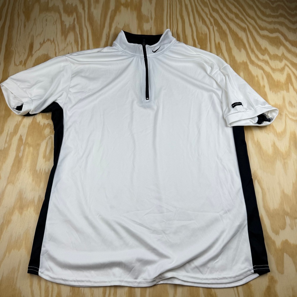 VTG Nike Fit Mens L Quarter Zip Short Sleeve Shirt White Black Swoosh Golf Top